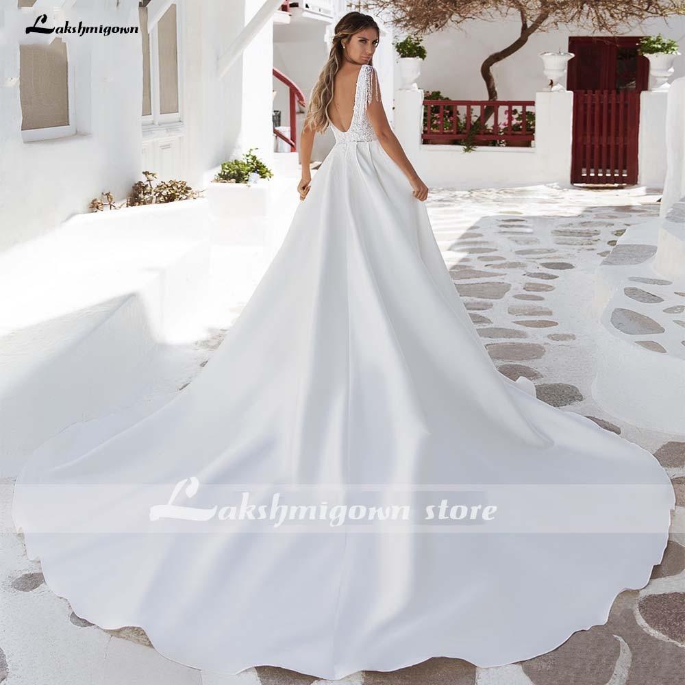 Vestidos de novia de satén con escote en V y corte A de NumberSea, elegantes apliques