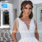 Vestidos de novia de satén con escote en V y corte A de NumberSea, elegantes apliques