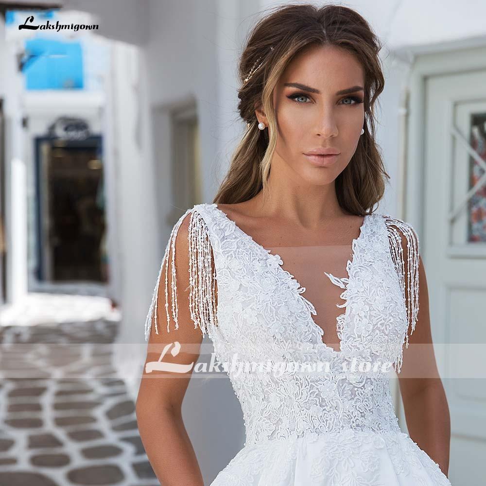 Vestidos de novia de satén con escote en V y corte A de NumberSea, elegantes apliques