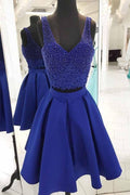 V-Ausschnitt Perlenbesetztes Königsblau Zweiteiliges kurzes Ballkleid Homecoming-Kleid PD162