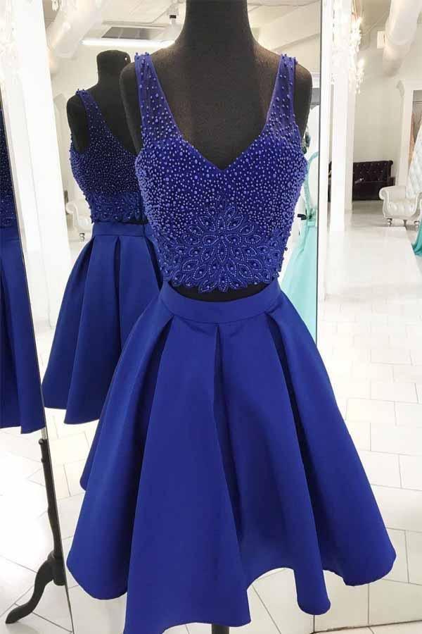 V-Ausschnitt Perlenbesetztes Königsblau Zweiteiliges kurzes Ballkleid Homecoming-Kleid PD162