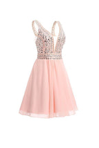 Vestido corto de fiesta de gasa con escote en V y cuentas, PG089