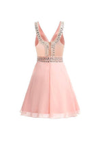 Vestido corto de fiesta de gasa con escote en V y cuentas, PG089