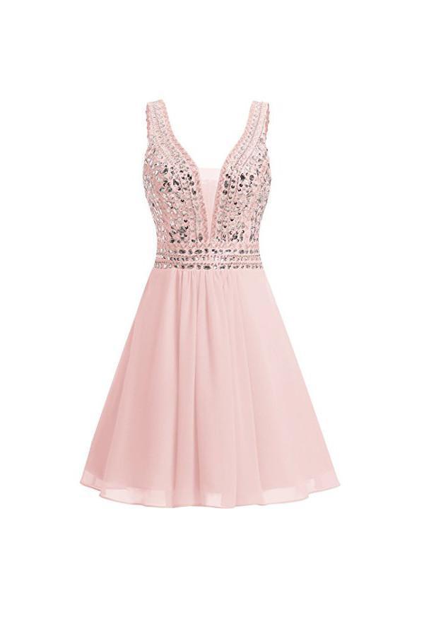 Vestido corto de fiesta de gasa con escote en V y cuentas, PG089