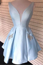 Vestido de fiesta de satén burdeos con escote en V y bolsillos PD360