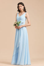 V-Neck Chiffon Aline Bridesmaid Dress Sleeveless Floor Length Simple Wedding Dress
