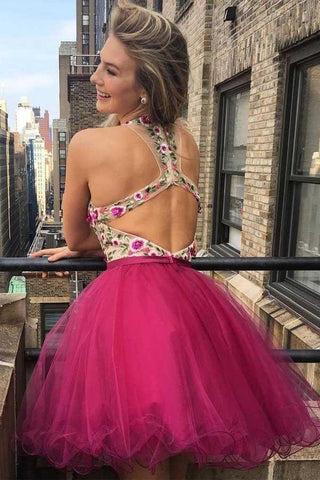 V Neck Embroidery Backless Homecoming Dresses Short Prom Dress