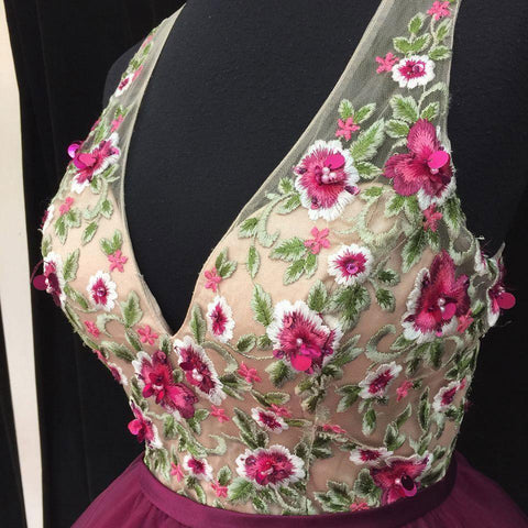 V Neck Embroidery Backless Homecoming Dresses Short Prom Dress