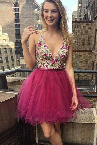 V Neck Embroidery Backless Homecoming Dresses Short Prom Dress