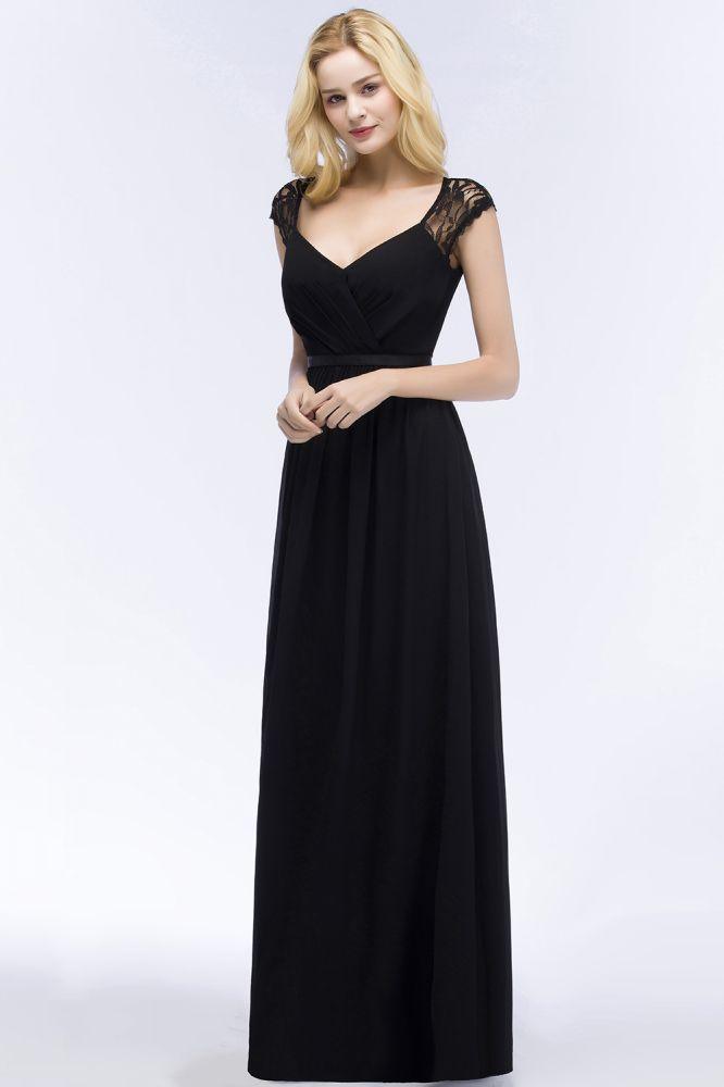V-Ausschnitt Bodenlange A-Linie Spitze Chiffon Brautjungfernkleider mit Schärpe
