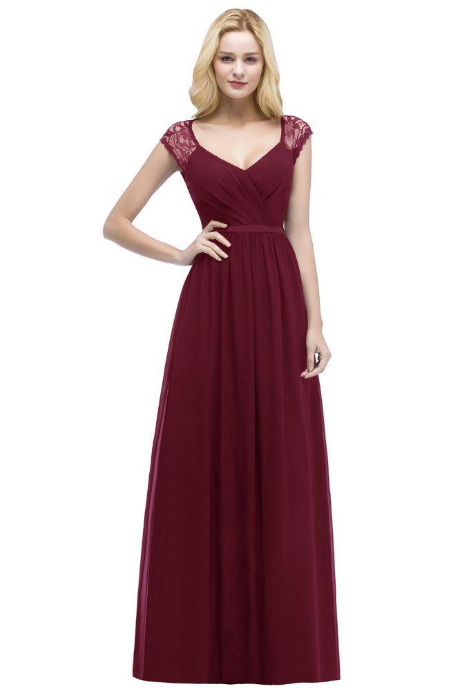 V-Ausschnitt Bodenlange A-Linie Spitze Chiffon Brautjungfernkleider mit Schärpe