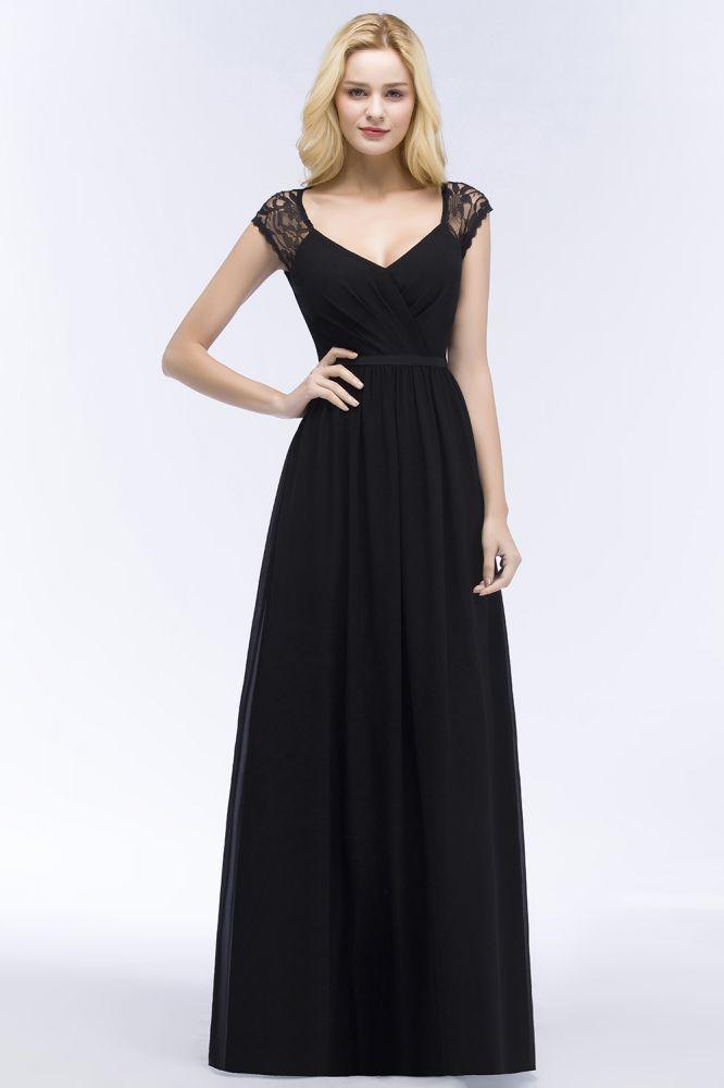 V-Ausschnitt Bodenlange A-Linie Spitze Chiffon Brautjungfernkleider mit Schärpe