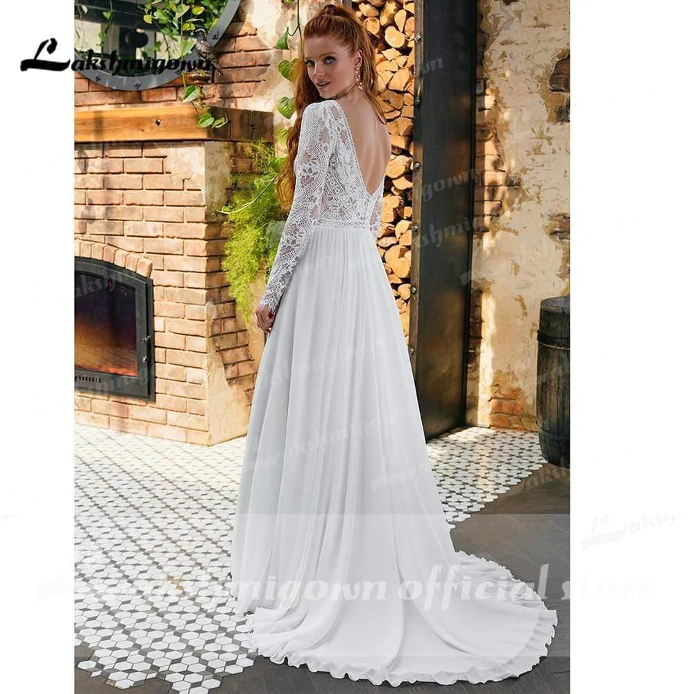 Vestidos de novia NumberSea de gasa con escote en V, encaje, manga larga y espalda descubierta