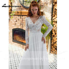 Vestidos de novia NumberSea de gasa con escote en V, encaje, manga larga y espalda descubierta