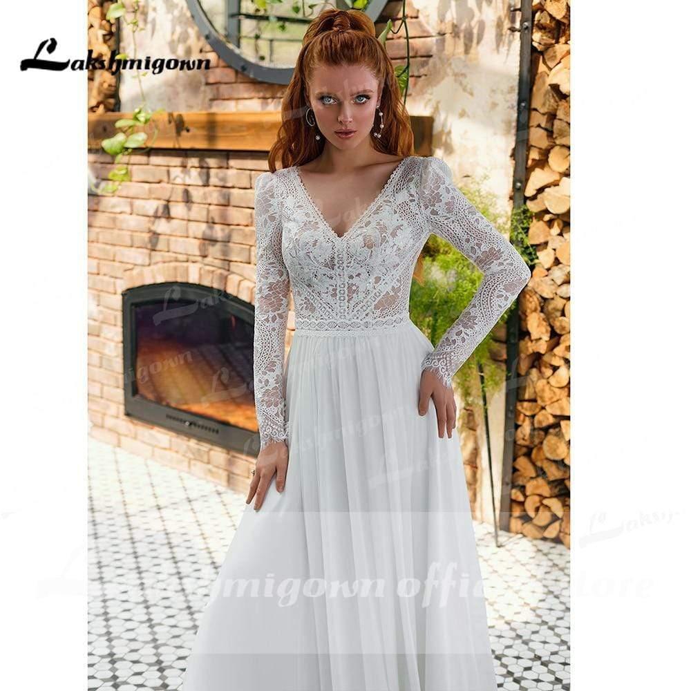 Vestidos de novia NumberSea de gasa con escote en V, encaje, manga larga y espalda descubierta