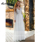 Vestidos de novia NumberSea de gasa con escote en V, encaje, manga larga y espalda descubierta