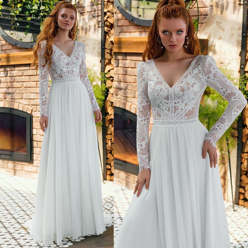 Vestidos de novia NumberSea de gasa con escote en V, encaje, manga larga y espalda descubierta