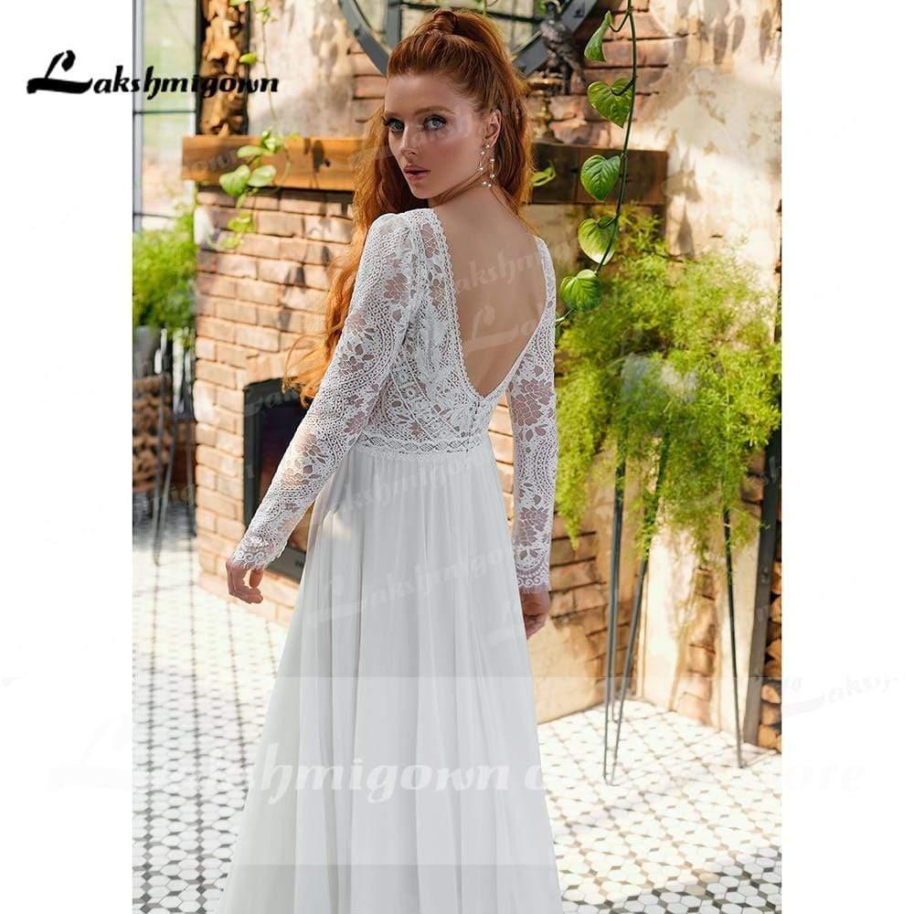 Vestidos de novia NumberSea de gasa con escote en V, encaje, manga larga y espalda descubierta