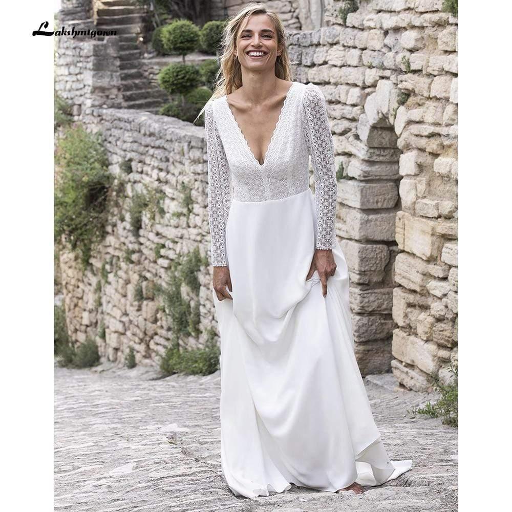 Vestidos de novia NumberSea con escote en V, encaje, manga larga y espalda descubierta