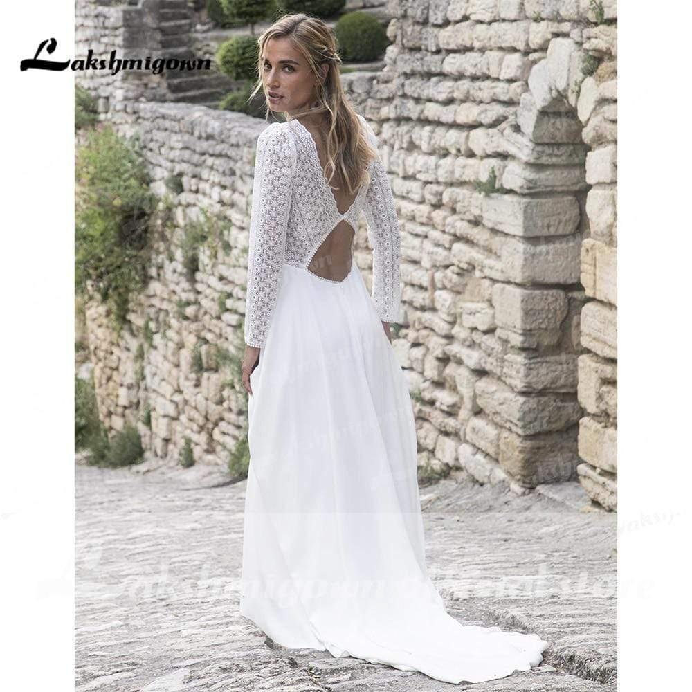 Vestidos de novia NumberSea con escote en V, encaje, manga larga y espalda descubierta