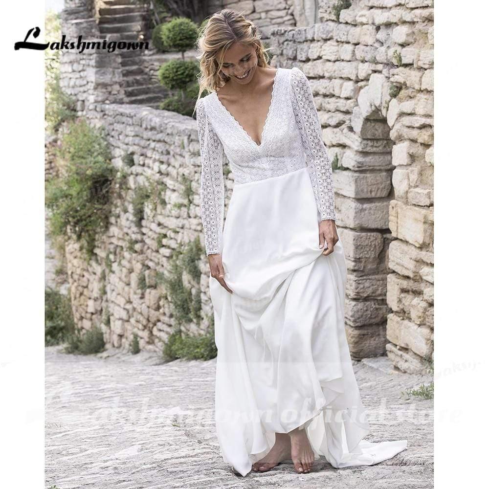 Vestidos de novia NumberSea con escote en V, encaje, manga larga y espalda descubierta