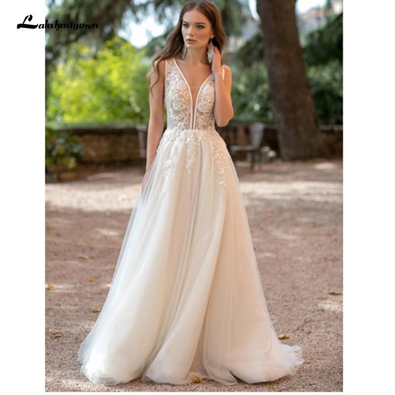 NumberSea V-Ausschnitt Spitze Brautkleid Applikationen Ärmellos