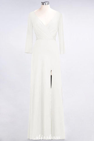 V-Neck Long-Sleeves Side-Slit Floor-Length Bridesmaid Dress with Ruffles