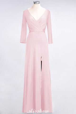 V-Neck Long-Sleeves Side-Slit Floor-Length Bridesmaid Dress with Ruffles