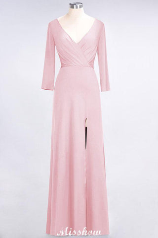 V-Neck Long-Sleeves Side-Slit Floor-Length Bridesmaid Dress with Ruffles