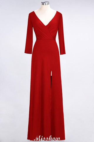 V-Neck Long-Sleeves Side-Slit Floor-Length Bridesmaid Dress with Ruffles
