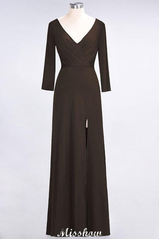 V-Neck Long-Sleeves Side-Slit Floor-Length Bridesmaid Dress with Ruffles