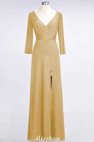 V-Neck Long-Sleeves Side-Slit Floor-Length Bridesmaid Dress with Ruffles