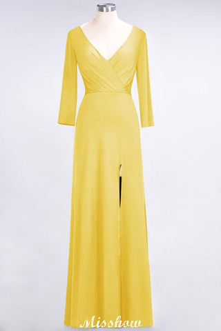 V-Neck Long-Sleeves Side-Slit Floor-Length Bridesmaid Dress with Ruffles