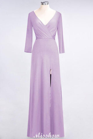 V-Neck Long-Sleeves Side-Slit Floor-Length Bridesmaid Dress with Ruffles