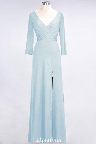 V-Neck Long-Sleeves Side-Slit Floor-Length Bridesmaid Dress with Ruffles