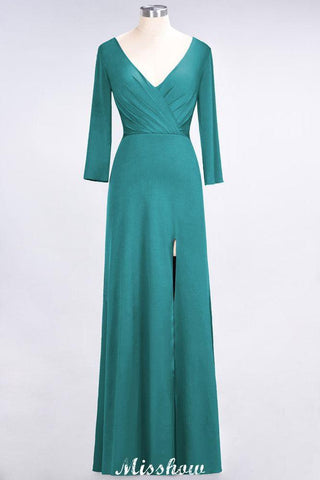 V-Neck Long-Sleeves Side-Slit Floor-Length Bridesmaid Dress with Ruffles