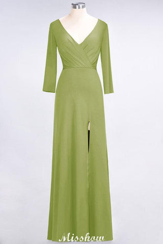 V-Neck Long-Sleeves Side-Slit Floor-Length Bridesmaid Dress with Ruffles