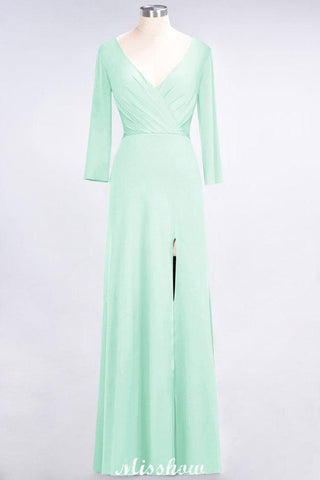 V-Neck Long-Sleeves Side-Slit Floor-Length Bridesmaid Dress with Ruffles