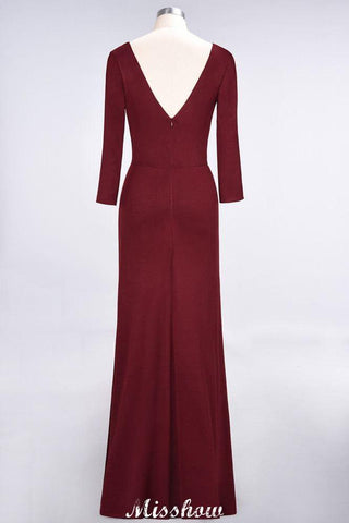 V-Neck Long-Sleeves Side-Slit Floor-Length Bridesmaid Dress with Ruffles