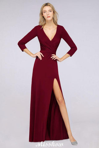 V-Neck Long-Sleeves Side-Slit Floor-Length Bridesmaid Dress with Ruffles