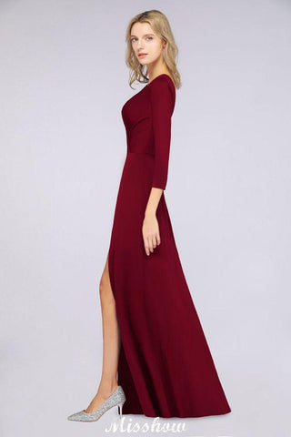 V-Neck Long-Sleeves Side-Slit Floor-Length Bridesmaid Dress with Ruffles