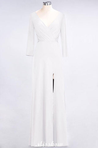 V-Neck Long-Sleeves Side-Slit Floor-Length Bridesmaid Dress with Ruffles