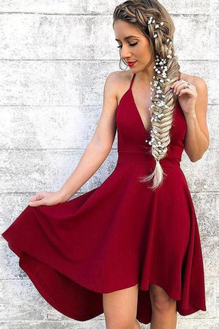 V neck Red Spaghetti Straps High-Low Short  Homecoming Dresses