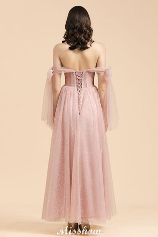 V-Neck Ruffle Chffion Sleeves Aline Bridesmaid Dress Dusty Pink Wedding party Dress