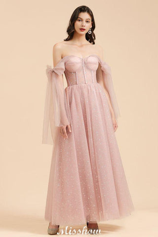 V-Neck Ruffle Chffion Sleeves Aline Bridesmaid Dress Dusty Pink Wedding party Dress