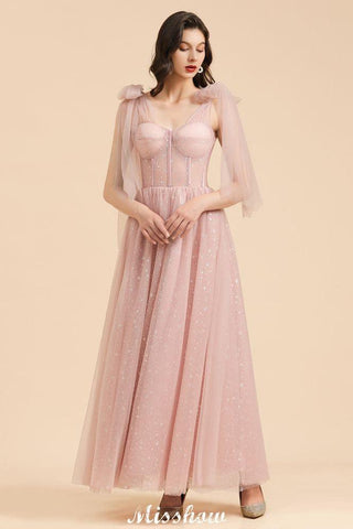 V-Neck Ruffle Chffion Sleeves Aline Bridesmaid Dress Dusty Pink Wedding party Dress