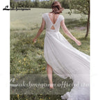 NumberSea V-Ausschnitt Kurzarm Rückenfreies Spitzen-Chiffon-Brautkleid