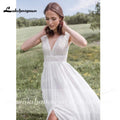 NumberSea V-Ausschnitt Kurzarm Rückenfreies Spitzen-Chiffon-Brautkleid