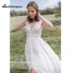 NumberSea V-Ausschnitt Kurzarm Rückenfreies Spitzen-Chiffon-Brautkleid