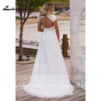 Vestidos de novia NumberSea con escote en V, manga corta, apliques de encaje y espalda abierta